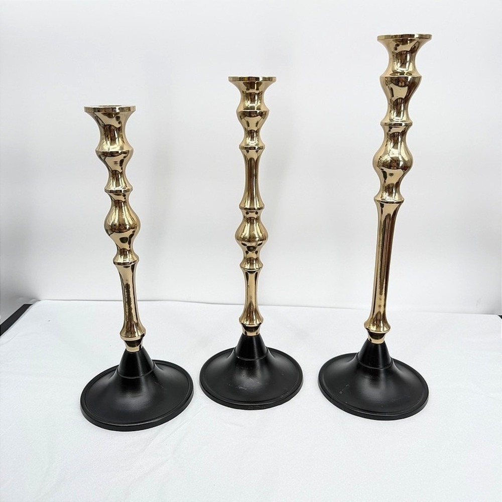 Candlestick Holders Trio Gold Black Metal Taper Spindle MCM Modern Tall Sleek